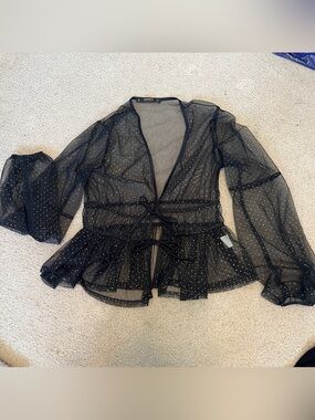 Black Sheer Tie-Front Peplum Blouse with Metallic Dot Detail